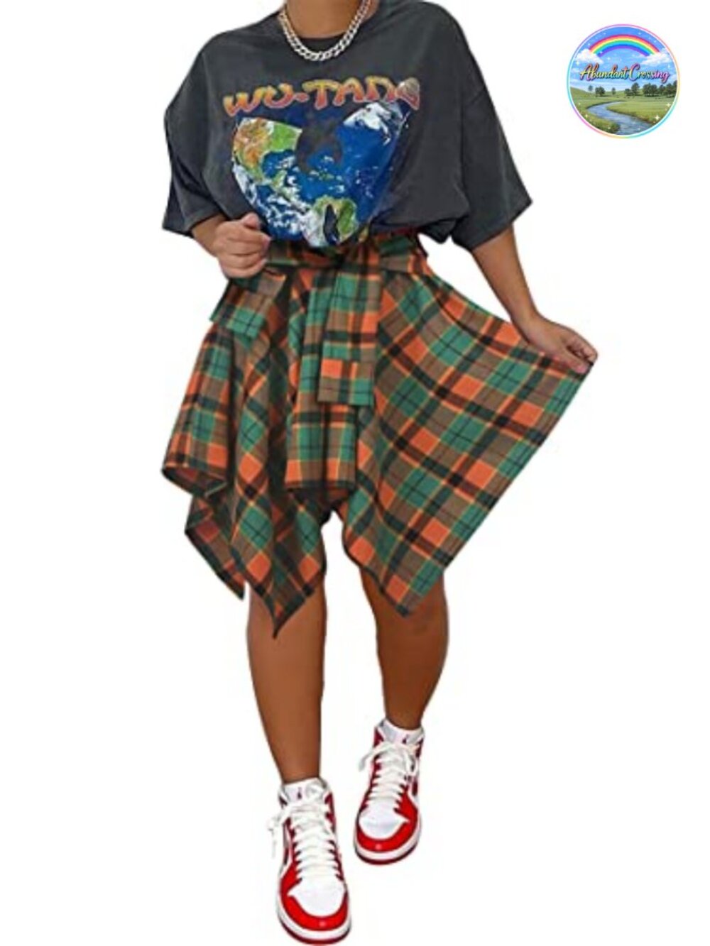 High Waisted Asymmetrical Plaid Mini Skirt with Drawstring